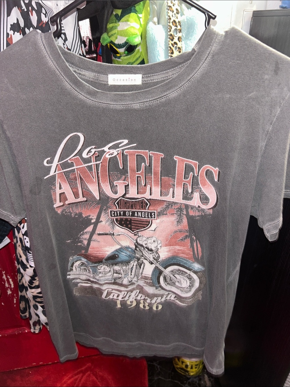 Occasion Los Angeles Motorcycle Graphic Tee - Gray with Pink Accents